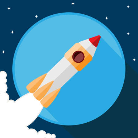 Space rocket on the background of Earth and outer space, flat design style, blue blue background, vector illustration iconのイラスト素材