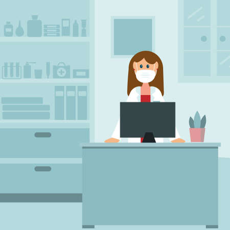 Consultation of a pharmacist in a protective mask in a pharmacy, color vector illustration, website design, banner, designのイラスト素材
