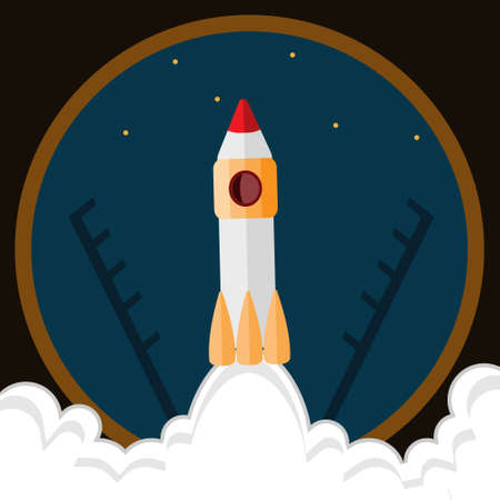 Space rocket on the background of Earth and outer space, flat design style, blue blue background, vector illustration iconのイラスト素材