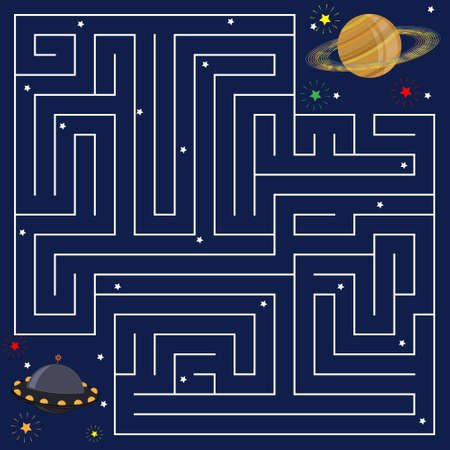 maze game for children on the theme of space, colorful vector illustration, blue backgroundのイラスト素材