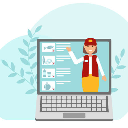 Girl consultant in the online store of products, flat style, color vector illustration, design, decorationのイラスト素材