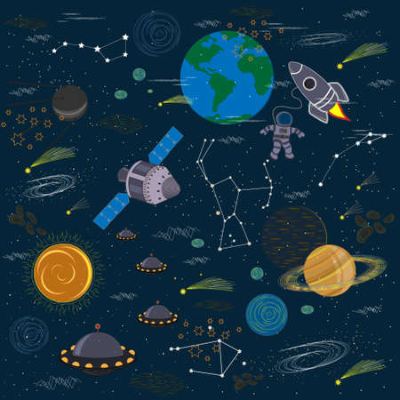 Seamless pattern on the theme of space, rocket planet star, dark blue backgroundのイラスト素材
