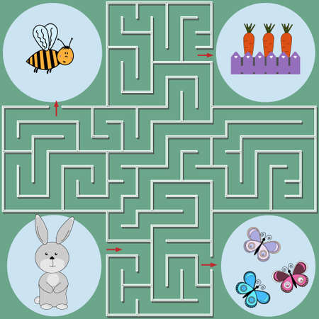 Puzzle game for children help the hare find the way to the carrot, with two false exits to the butterfly and the bee, green background, vector illustrationのイラスト素材