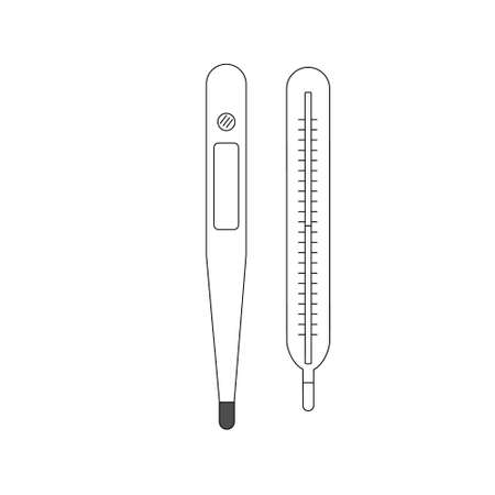set of thermometers, mercury and electronic thermometers, black outline white background, vector illustration, icon, designの写真素材