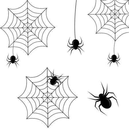set of spiders on a web in black on a white background for Halloween, vector illustration, design, decorationのイラスト素材