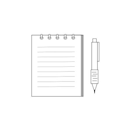 spring-loaded Notepad for notes and writing pen, flat style, isolated vector illustration, black outline white background, design, iconのイラスト素材