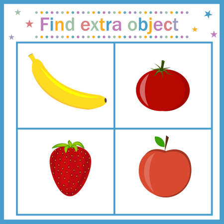 A card for children's development, Find an extra object where fruits and berries are shown in red and a banana is yellow, the banana is superfluous. Vector illustration. Design of children's books, prのイラスト素材