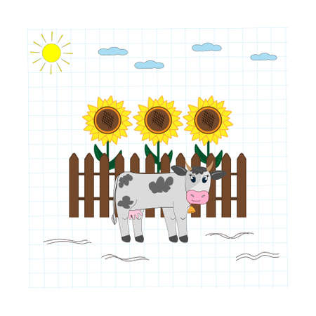 cow on the fence background, background white notebook sheet in a check, design, decoratioのイラスト素材