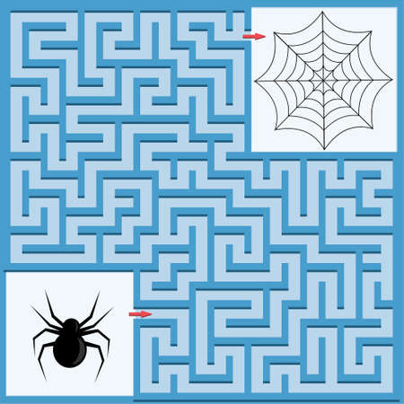 Maze game for children, help the spider get home in the web, color vector illustration, children's entertainment and education, design, children's booksのイラスト素材