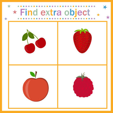 Map for the development of children, find an extra object where the fruit is among the berries, the Apple is extra. Vector illustration. Design of children's books, preschool educationのイラスト素材