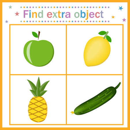 Map for children's development, find an extra object where a vegetable is among the fruits, a cucumber is extra. Vector illustration. Design of children's books, preschool educationのイラスト素材