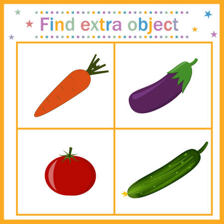 Map for children's development, find an extra object where a round vegetable among the long ones, a tomato is extra. Vector illustration. Design of children's books, preschool educationのイラスト素材