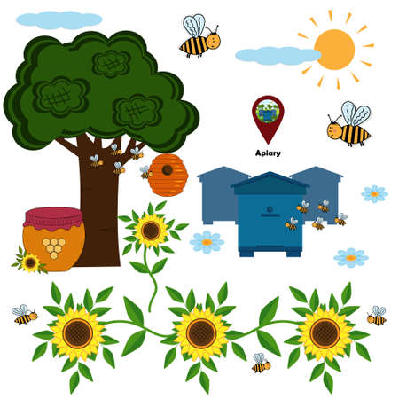 Set of details and elements on the theme of apiary and bees, white background, vector illustrationのイラスト素材