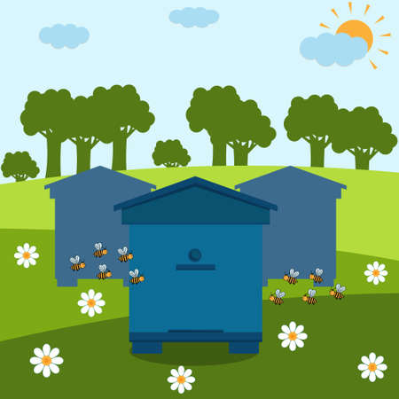 Apiary and swarm of bees on the background of nature blue sky with clouds and sun forests and meadows with daisies, vectorのイラスト素材