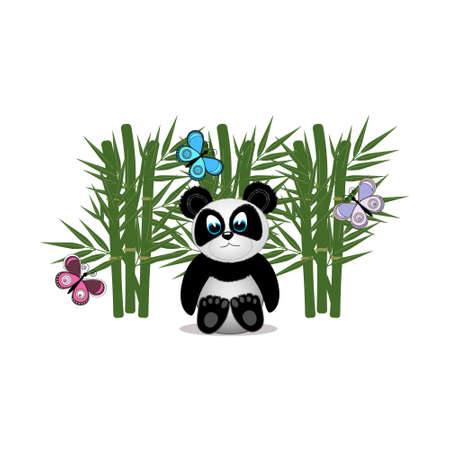 little Panda bear on a background of bamboo and butterflies, color illustration on a white background, design, decorationのイラスト素材