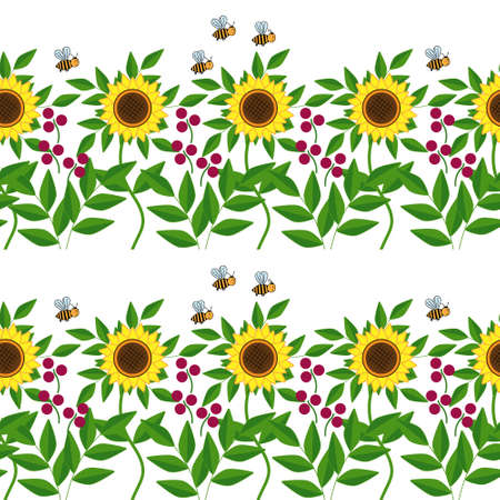 border frame of sunflowers with berries and bees, color illustration on a white background, design, decorationのイラスト素材