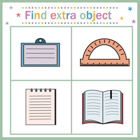 Educational card for children, find an extra object that shows paper supplies with space for writing and a ruler protractor, extra ruler. Vector illustration. Design of children's books, educationのイラスト素材