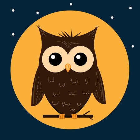 Owl sitting on a branch on the background of the moon and starry sky, dark blue backgroundのイラスト素材