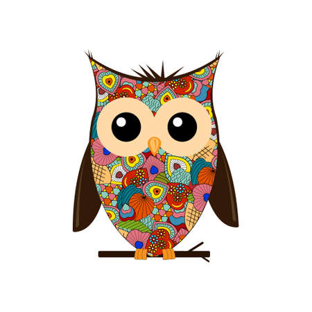 Predatory night bird owl is made in the style of a collage of bright red color, white background, vectorのイラスト素材