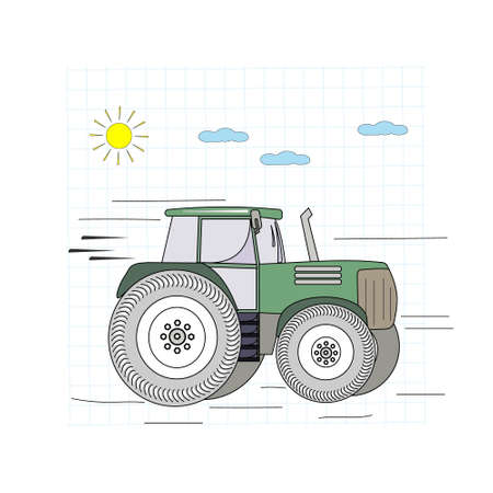 Tractor color on the background of a checkered sheet, vector illustration, designのイラスト素材