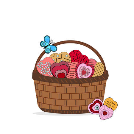 Basket with colorful cookies in the form of hearts, isolated on a white background, with a butterfly, design, decoration, giftのイラスト素材