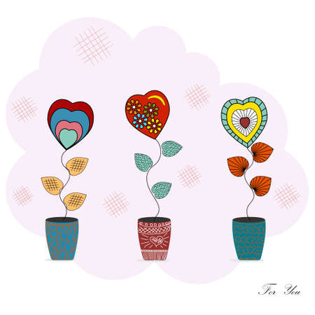 Abstract flowers in a pot in the form of hearts, color illustration isolated on a white background, greeting card, designのイラスト素材
