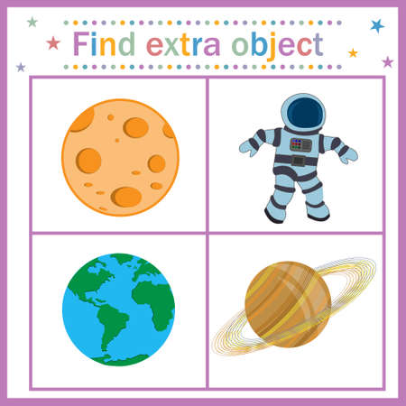 Map game for children's development, find an extra object, where all objects are round the planet, except the person, the person is extra. Vector illustration. Education, designのイラスト素材