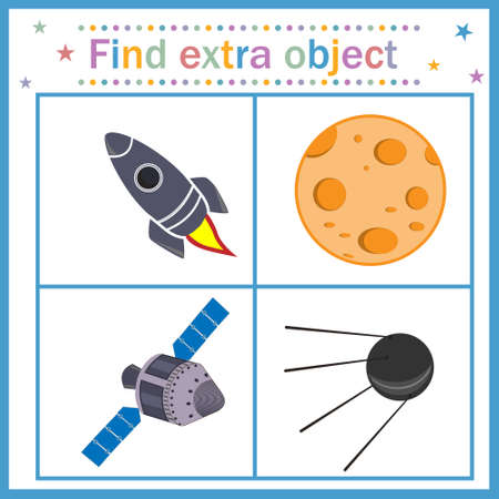 Map game for children's development, find an extra object, where all objects are made by man, except the moon, the Moon is extra. Vector illustration. Education, designのイラスト素材