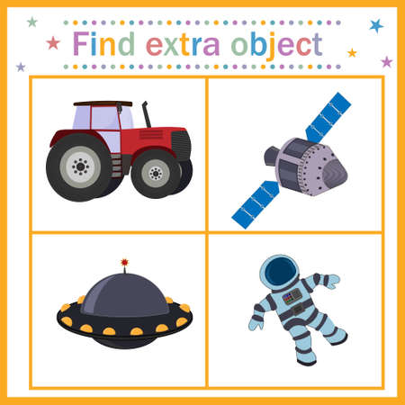 Map game for children's development, find an extra object, where all the objects belong to the space, except the tractor, the tractor is extra. Vector illustration. Education, desigのイラスト素材