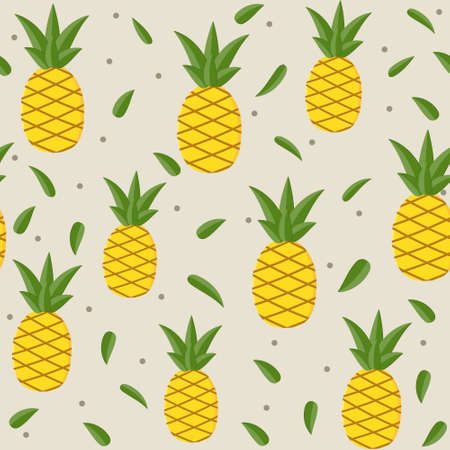 Fruit pattern with the image of the pineapple and leaves, vector beige background. Texture, printing, design, decorationのイラスト素材