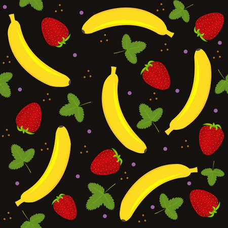 Fruit pattern with the image of a banana, strawberry and strawberry leaves, vector, background black. Texture, print, design, decorationのイラスト素材