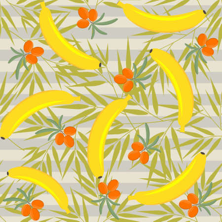 Fruit pattern with the image of a banana, sea buckthorn and palm leaves, vector, beige stripe background. Texture, print, design, decoration,のイラスト素材