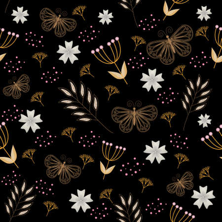 Seamless pattern of openwork butterflies with other decorative elements on a black background, textile, abstract, vector illustrationのイラスト素材