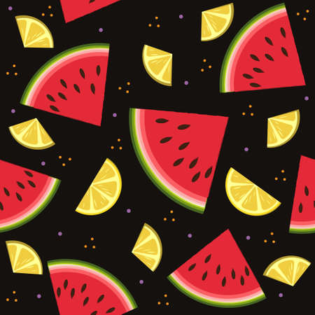 Fruit pattern with watermelon and lemon, vector, background black. Texture, printing, design,...