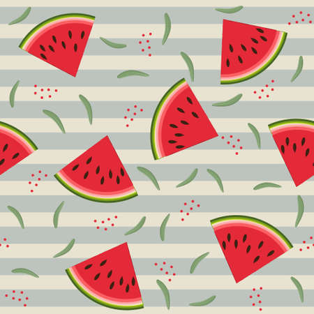 Fruit pattern with watermelon and leaves, vector, beige stripe background. Texture, printing,...