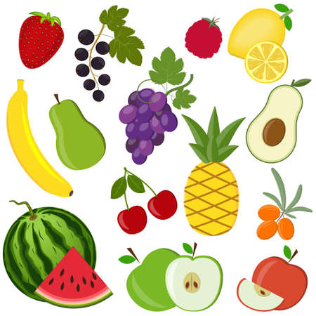set of fruits and berries isolated on a white background, color vector illustration, design, decorationのイラスト素材