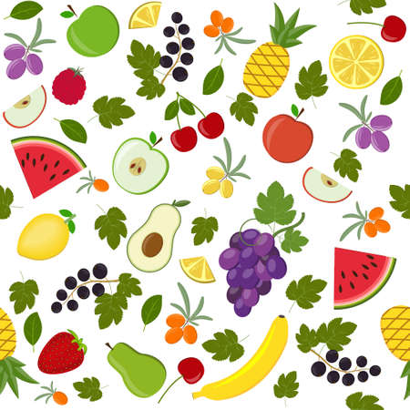 Pattern of fruits, berries and leaves on a white background, color vector illustration, textile, print, design, background, decorationのイラスト素材