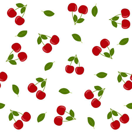 Pattern of cherry berries and leaves on a white background, color vector illustration, textile, print, design, background, decorationのイラスト素材