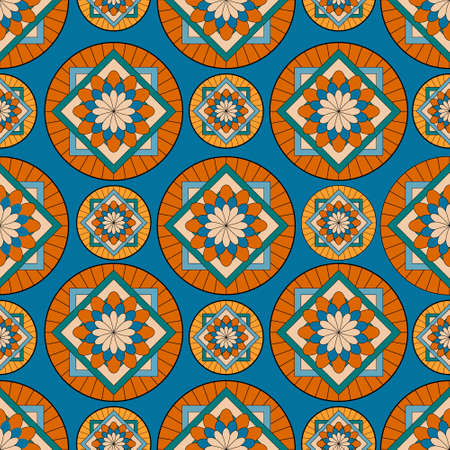 Bright geometric pattern seamless pattern of blue and orange, vector illustration, decoration, packaging, textilesのイラスト素材