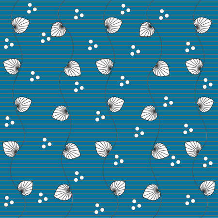 Seamless pattern with an image of algae in a pond on a blue background in a geometric texture in the form of lines, vector illustrationのイラスト素材