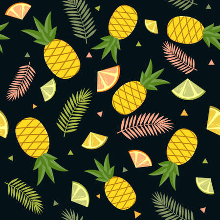 Tropical pattern on a white background of fruit, pineapple, lemon, lime and palm leaves. Color...