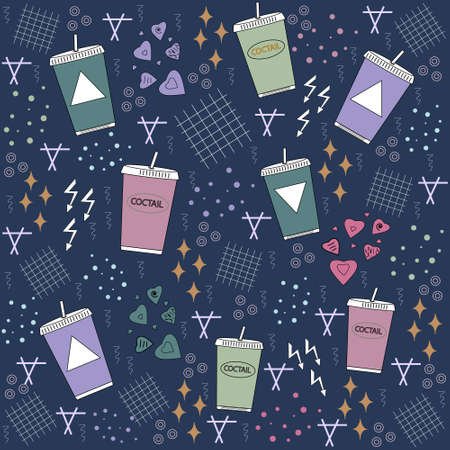 Pattern with the image of cocktail glasses on the background of decorative elements in the style of Doodle, print, texture, textiles, design, decoration, backgroundのイラスト素材