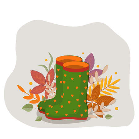 green rubber boots with hearts on the background of autumn leaves, color vector illustration, flat style, design, decoration, banner, clipartのイラスト素材