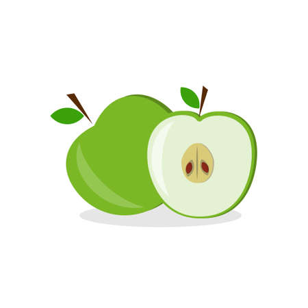 Green Apple whole and cut in flat style, isolated on white backgroundのイラスト素材