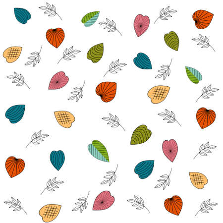 pattern, abstract multi-colored autumn leaves on a white background, color illustration in flat style, print, texture, textiles, design, decoration, background, Wallpaperのイラスト素材