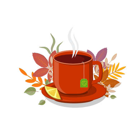 Red Cup with hot tea and lemon on a saucer on the backgroundのイラスト素材