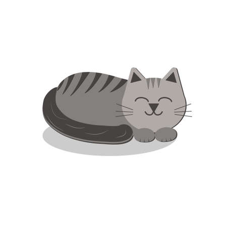 Gray sleeping kitten isolated on white background, flat style, color vector illustration, clipart, design, decoration, icon, sign, sketchのイラスト素材
