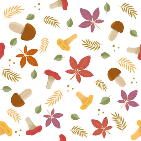 Mushroom and autumn leaves pattern on white backgroundのイラスト素材