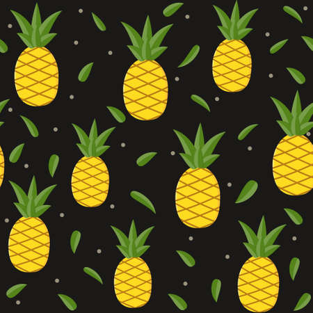 Fruit pattern with pineapple and leaves, vector illustration on a black background. print, texture, textile, design, decoration, background, Wallpaperのイラスト素材