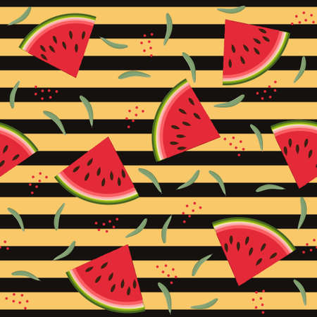 Fruit pattern with watermelon and leaves, vector illustration on a black background with a yellow stripe. print, texture, textile, design, decoration, background, Wallpaperのイラスト素材